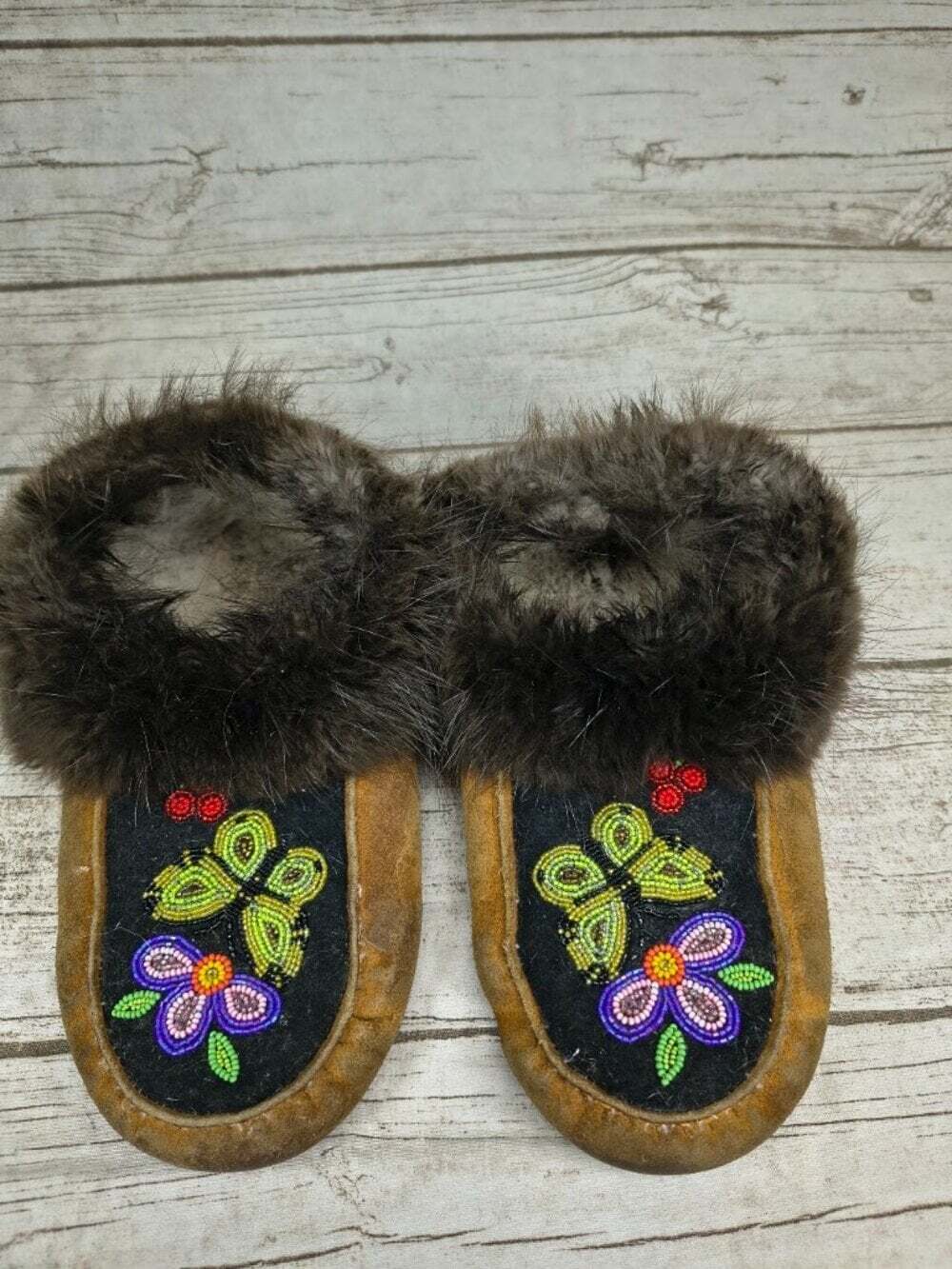 Native American Handmade Fur and Suede Beaded Butterfly Moccasins Slippers